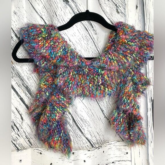 Hand knitted ruffled fabric scarf multicolored - Picture 2 of 3